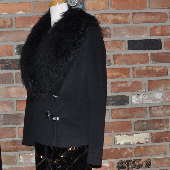 Mallia Makesima Angora Mongolian Lambs Wool Fur Collar Coat Jacket Black 4 - Picture 3 of 12
